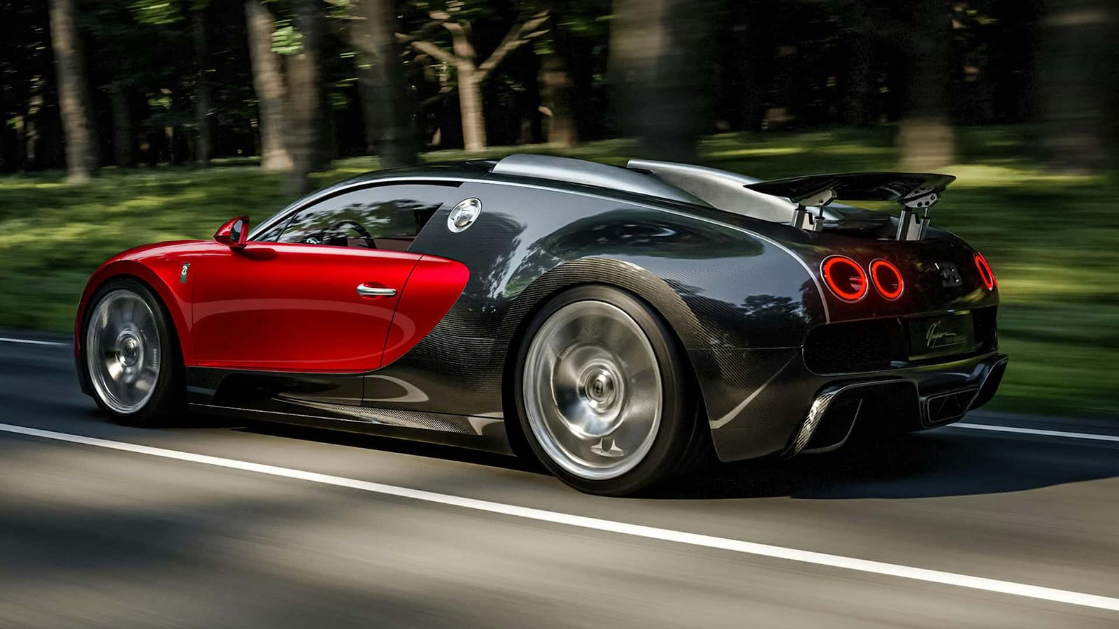 Οι μηχανικοί της Bugatti της έδωσαν κόκκινο εξωτερικό, ενώ όπου βλέπετε μαύρη απόχρωση δεν είναι βαφή, αλλά σκούρα χρωματισμένες ίνες άνθρακα.